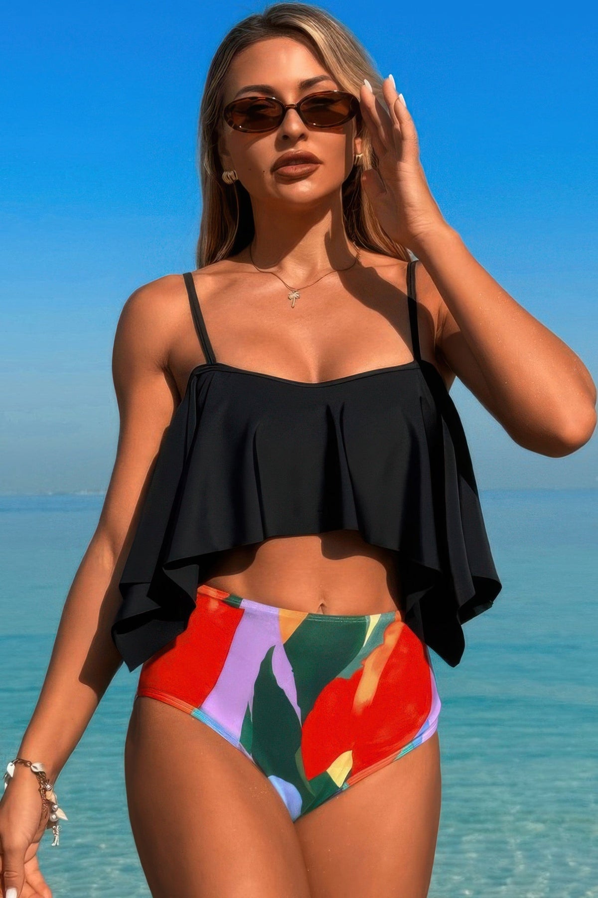 Ruffle Top High Waisted Bottom Tankini Swimsuit
