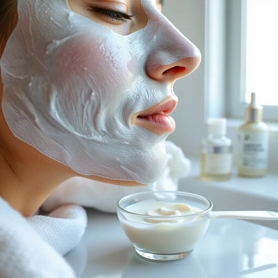 Creamy hydrating face mask being applied with a spatula beside a small bowl on a clean countertop