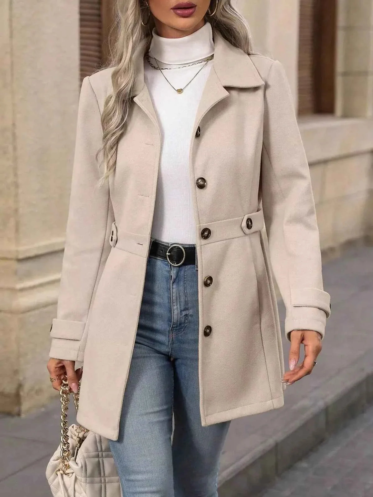 Single Breasted Lapel Coat - Button Front Waist Tabs