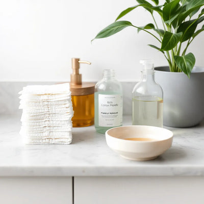 Glass bottle eco-friendly makeup remover beside cotton pads on a clean bathroom counter with soft natural light