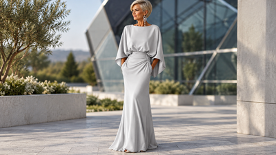 Woman in a silver batwing sleeve ruched maxi dress, wedding guest style