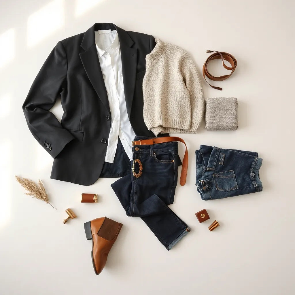 Classic wardrobe staples laid out neatly with blazer, shirt, sweater, denim, belt, and boots