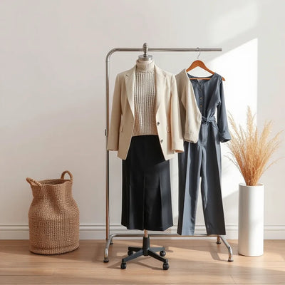 Curated set of neutral affordable luxury outfits on a minimalist clothing rack in soft natural light