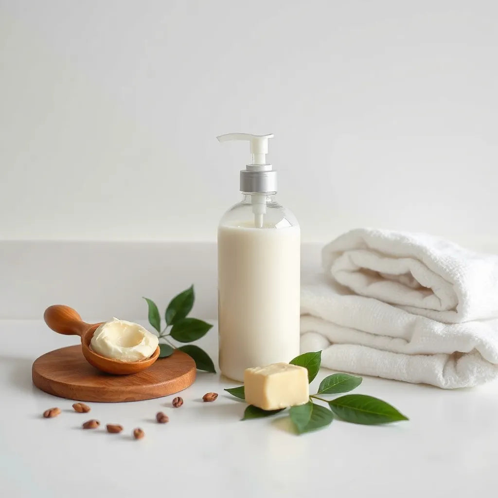 Cruelty-free body lotion bottle with natural ingredients like shea butter and botanicals on a clean vanity