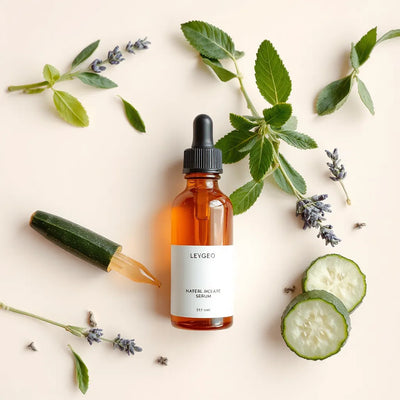 Glass dropper bottle of botanical facial serum with fresh green leaves and soft daylight highlights