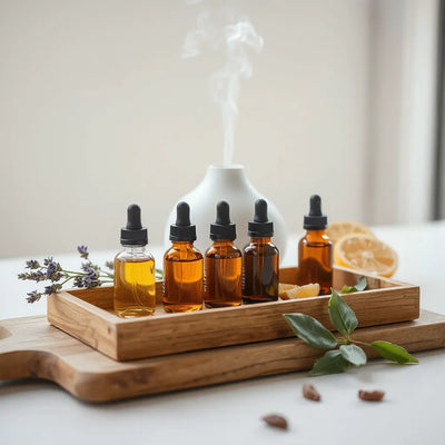 Essential oil bottles on a wooden tray with botanicals and a diffuser in soft natural light
