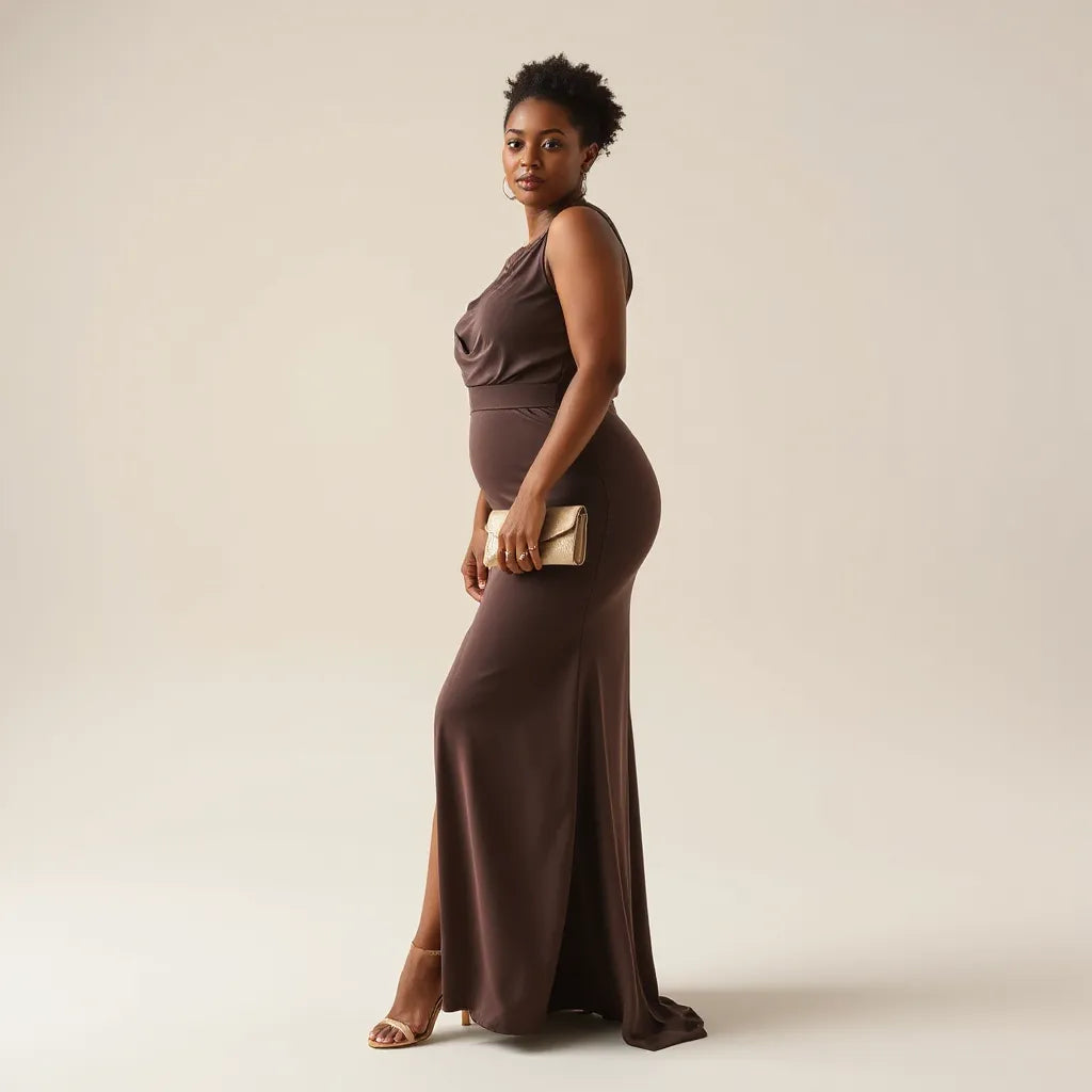Full-length model wearing a flattering plus size dress with soft, flowing fabric in a studio setting