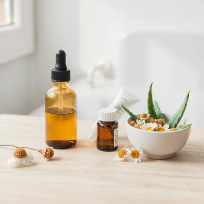 Organic skincare bottles and jars with aloe leaves and chamomile on a clean vanity