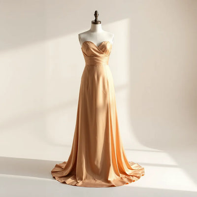 Elegant long evening gown on a minimalist mannequin with refined neckline and flowing fabric