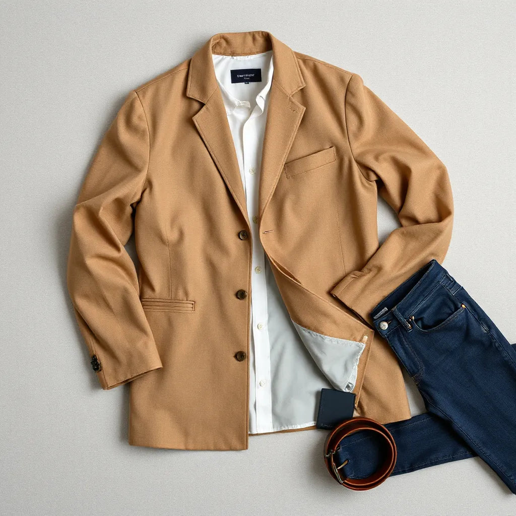 Men’s longline button-up jacket displayed with neutral outfit pieces against a minimal background