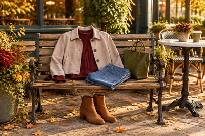 Fall outfit with beige cropped jacket, burgundy knit, blue jeans and brown ankle boots arranged at an autumn cafe