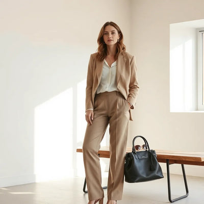Stylish layered outfit with a handbag and sunglasses in soft natural light