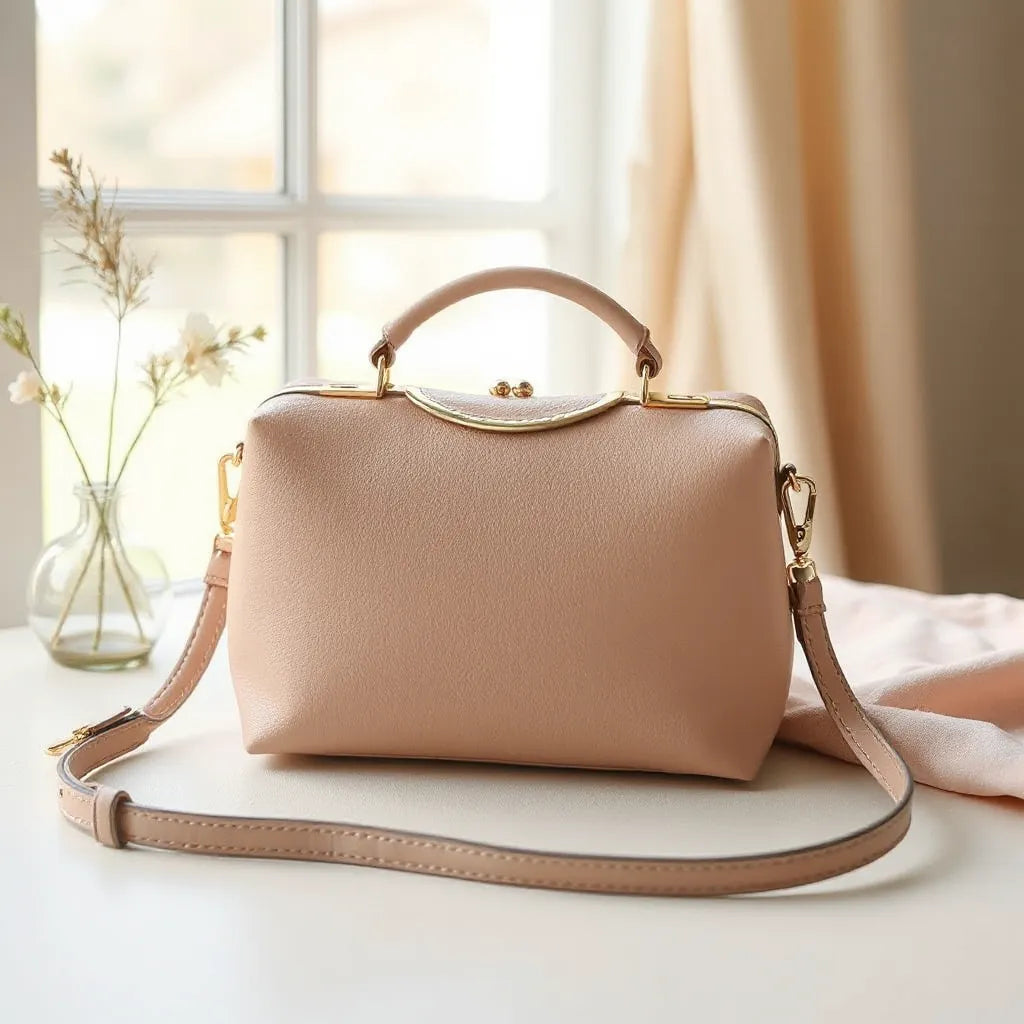 Heart-shaped handle clutch bag on a neutral surface with soft fabric swatches in the background