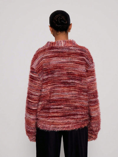 Melange Fleece Long Sleeve Cardigan - Vintage Deep V-Neck