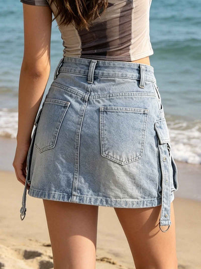 New Women's Summer Sexy Slim-Fit Washed Blue Multi-Pocket Cargo Denim Pencil Skirt, Summer Outfits For Women