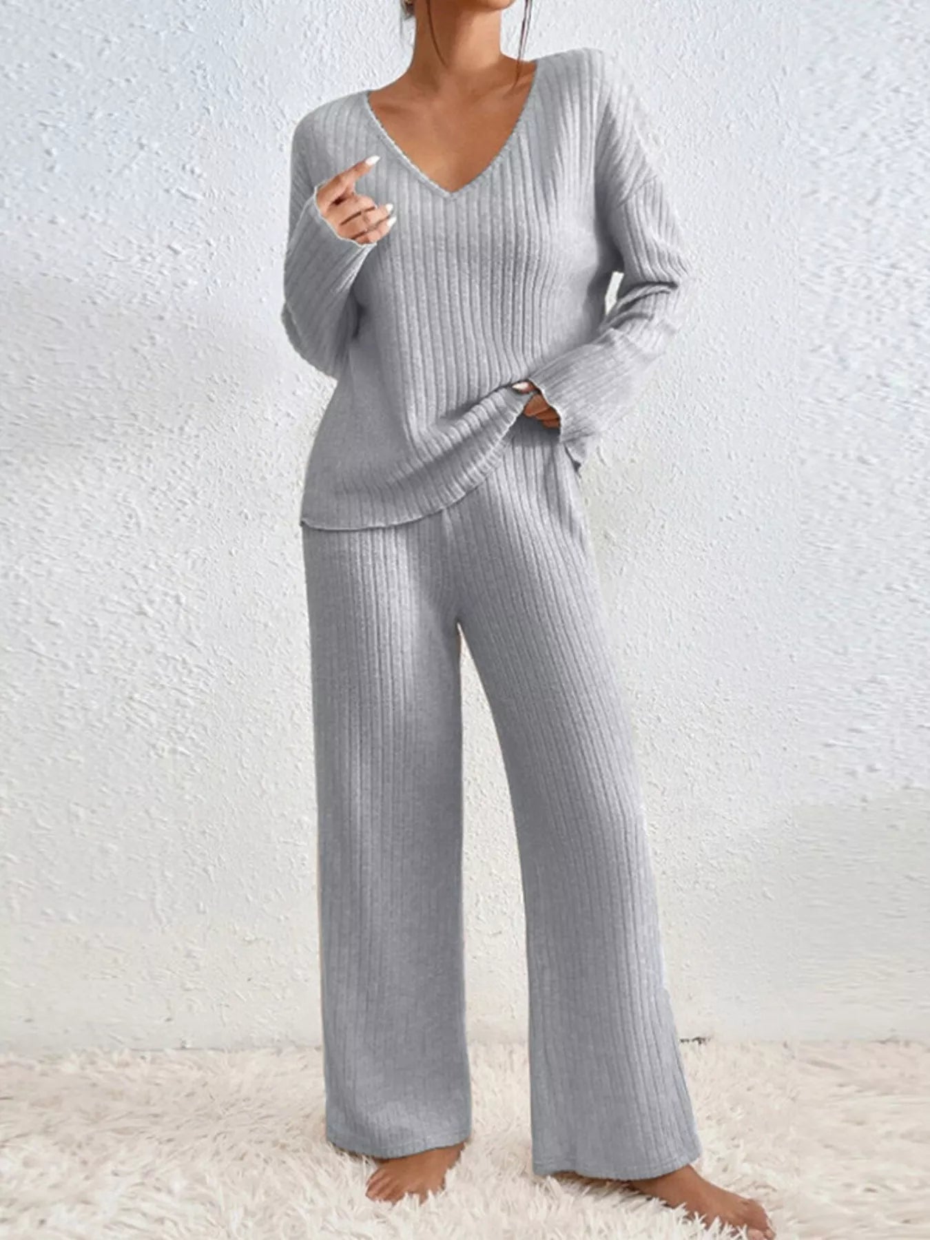Ribbed Loungewear Set - V-Neck Top Wide-Leg Pants - Fashions Envy