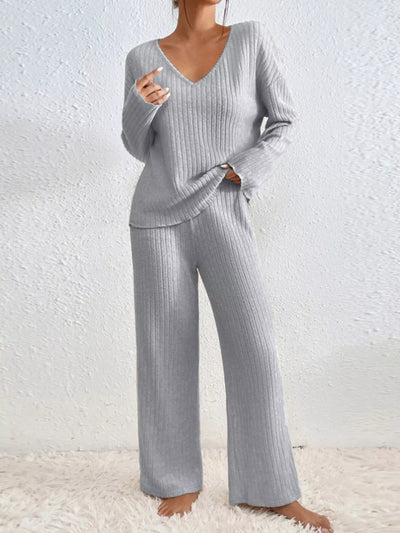 Ribbed Loungewear Set - V-Neck Top Wide-Leg Pants - Fashions Envy