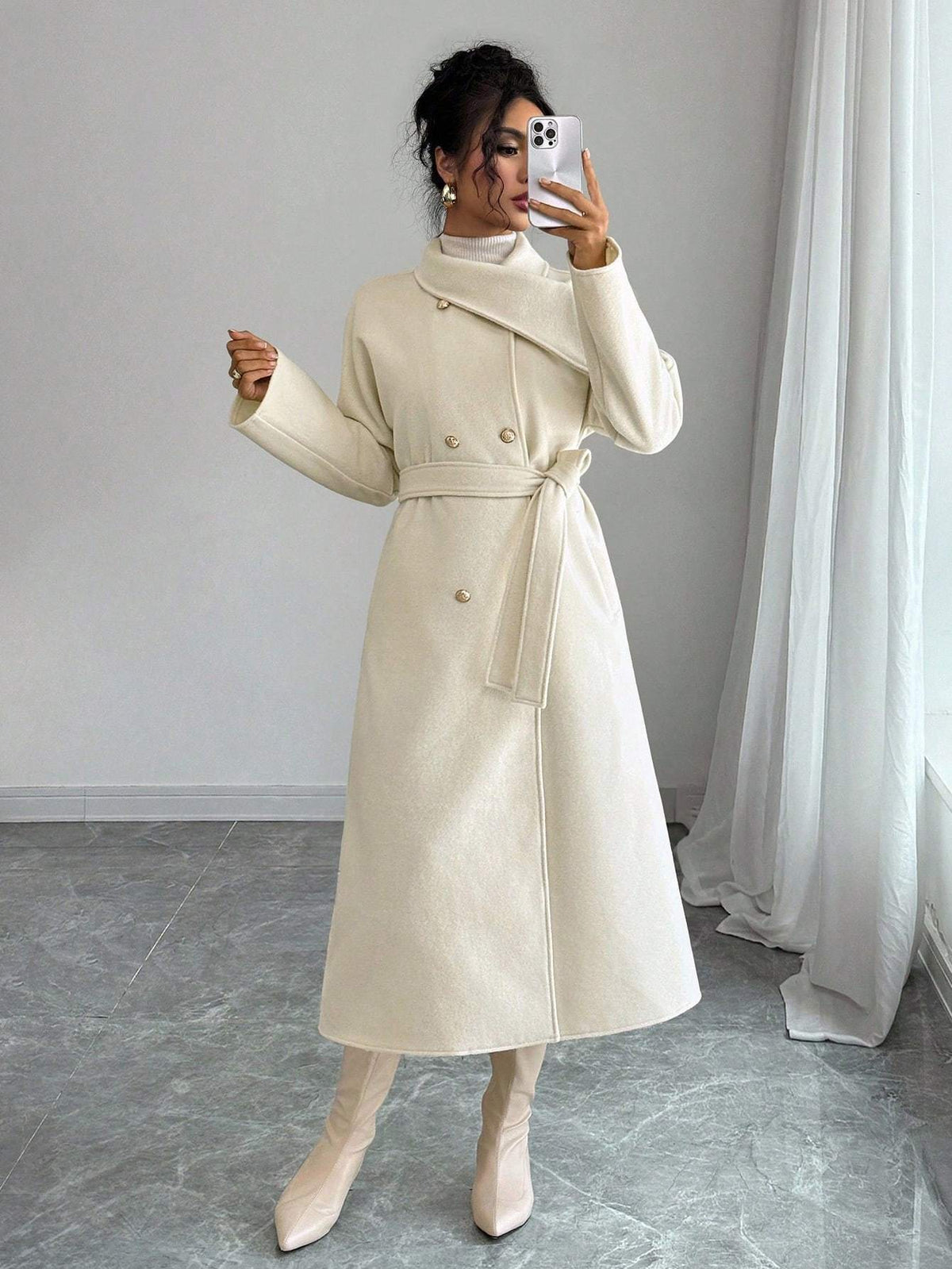 Double-Breasted Long Coat - Waist Tie & Wide Lapels