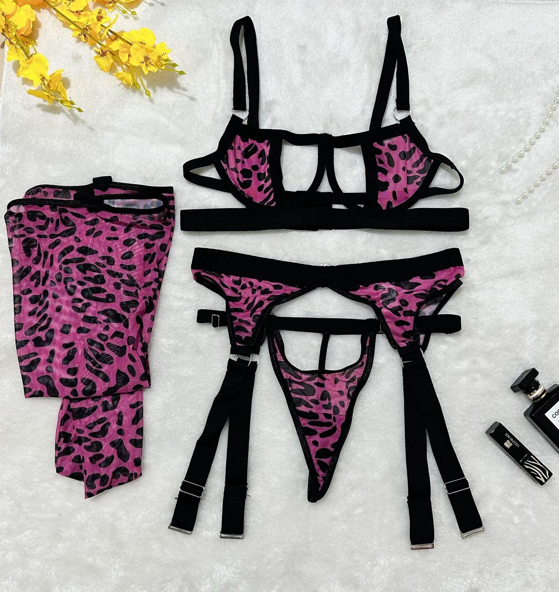 Wild Leopard Print Mesh Hollow-out Sexy Lingerie Four-piece Set with Thigh-high Socks - Fashions Envy