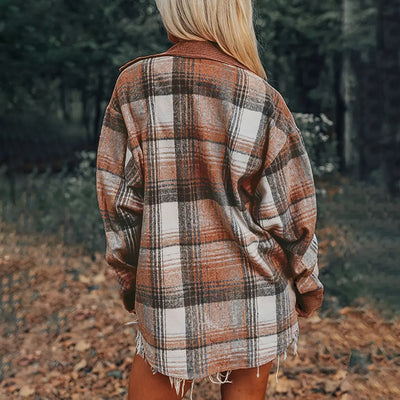 Women's Check Print Button Shirt - Notch Lapel Blouse - Fashions Envy
