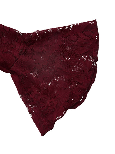 Burgundy velvet mini dress neckline with lace overlay and flared sleeve