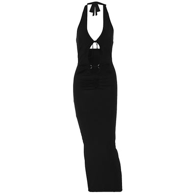 Black sleeveless V-neck slim dress with halter ties and bust cutout lace
