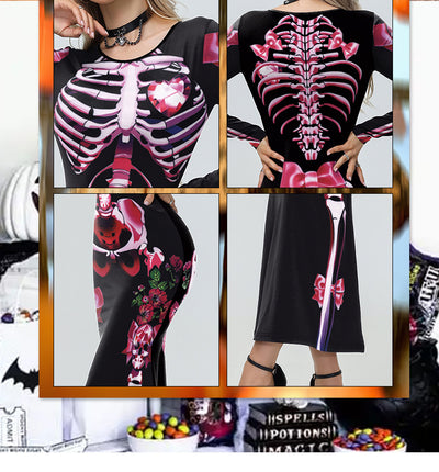 Halloween Skeleton Maxi Dress - Pink Bows & Long Sleeves