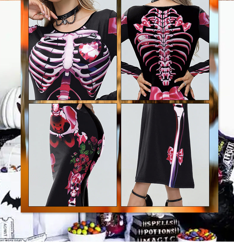 Halloween Skeleton Maxi Dress - Pink Bows & Long Sleeves