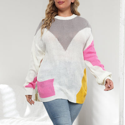 Color-block plus size knit sweater, crewneck knit, long sleeves in gray/white/pink/yellow
