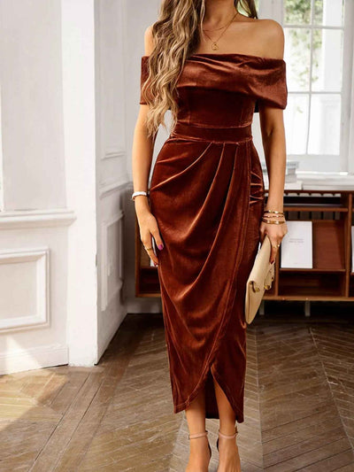 Velvet Off-Shoulder Midi Dress - Ruched Bodycon Slit - Fashions Envy