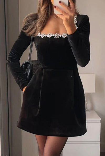 Rhinestone Flower Dress - Square Neck Party Mini