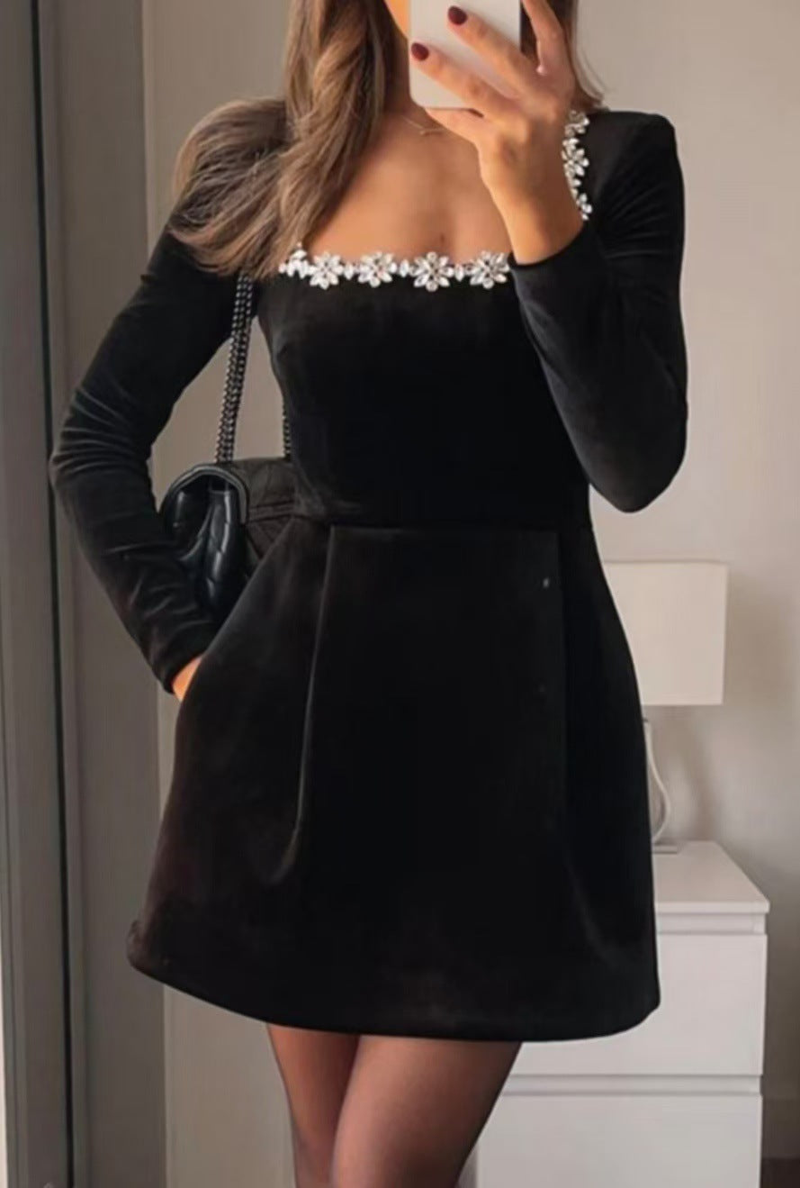Rhinestone Flower Dress - Square Neck Party Mini