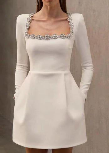 Rhinestone Flower Dress - Square Neck Party Mini