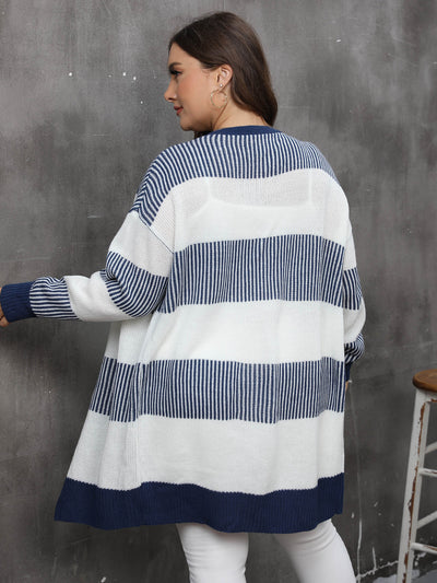 Plus-size striped knit cardigan sweater coat back view, white and navy blue color blocks