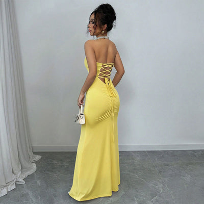 Yellow Strapless Maxi Dress - Lace Up Corset Back