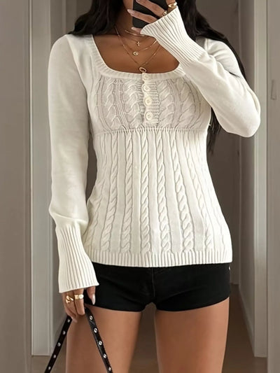 Fitted Sweater - Cable Knit Button-Front - Fashions Envy