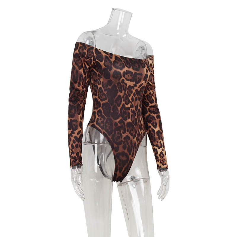 Leopard Print Off-Shoulder Bodysuit - Long Sleeve Thong Back