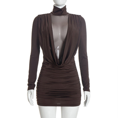Ruched Bodycon Mini Dress - Sheer Mesh and Draped Front