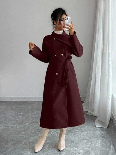 Double-Breasted Long Coat - Waist Tie & Wide Lapels