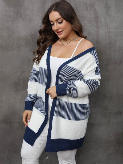 Plus-size striped knit cardigan sweater coat, side view, white and navy blue blocks