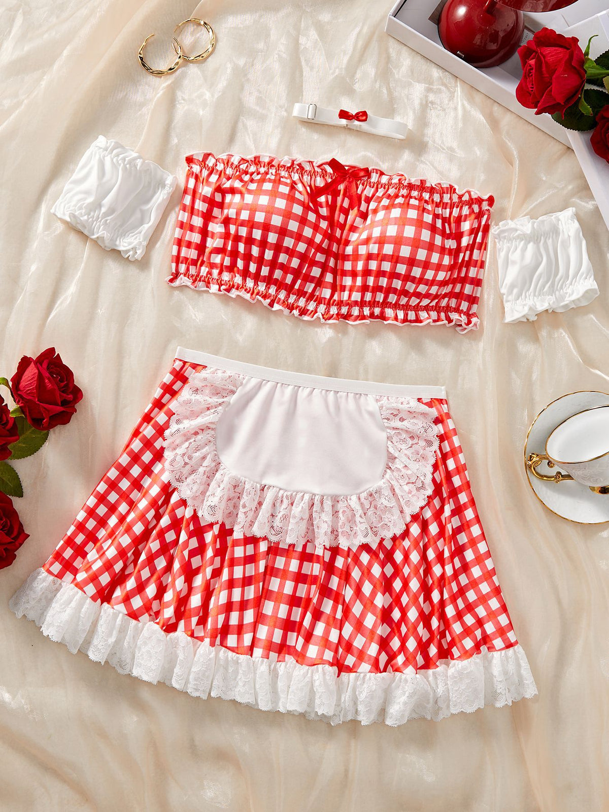 Red Gingham Maid Lingerie - Ruffled Crop Top And Skirt