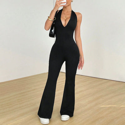 Black Halter Flare Jumpsuit - Deep V Open Back