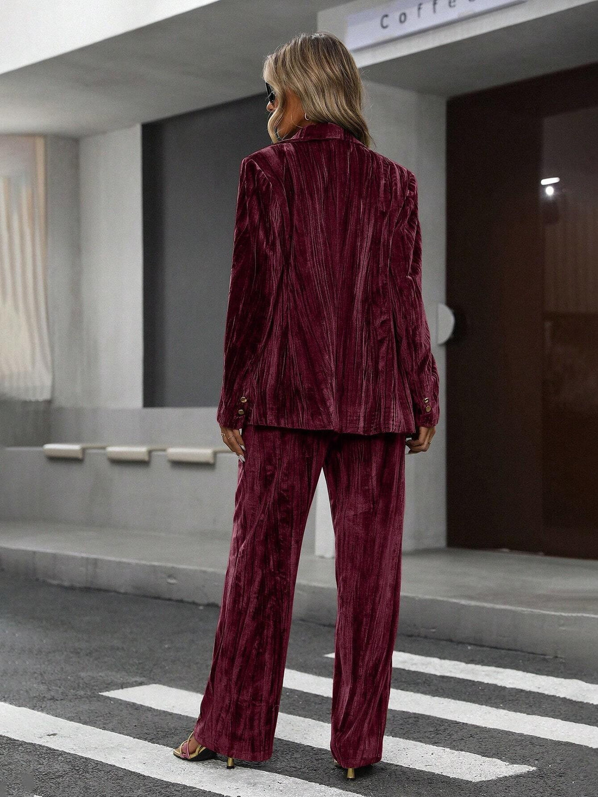 Velvet blazer and wide-leg pants set, wine red, back view with wide-leg trousers