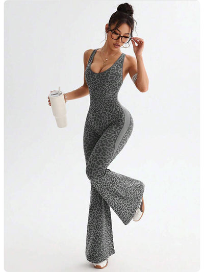 Cross-Back Flared Yoga Jumpsuit - Open Back and Scoop Neck