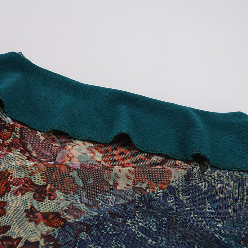 Floral Mesh V-Neck Top - Bell Sleeves & Shaped Hem