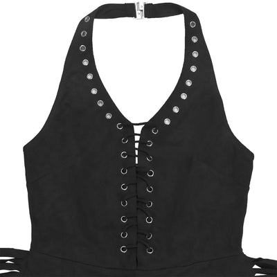 Black halter jumpsuit neckline with grommet lace-up and metal eyelets