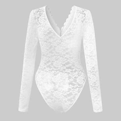 White lace long-sleeve bodysuit with scalloped V-neck, full front view