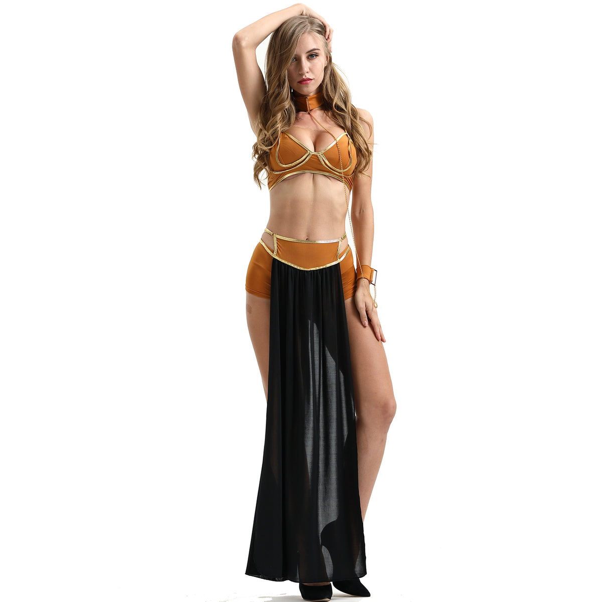 Velvet slave princess costume set with gold halter bra and black long slit skirt