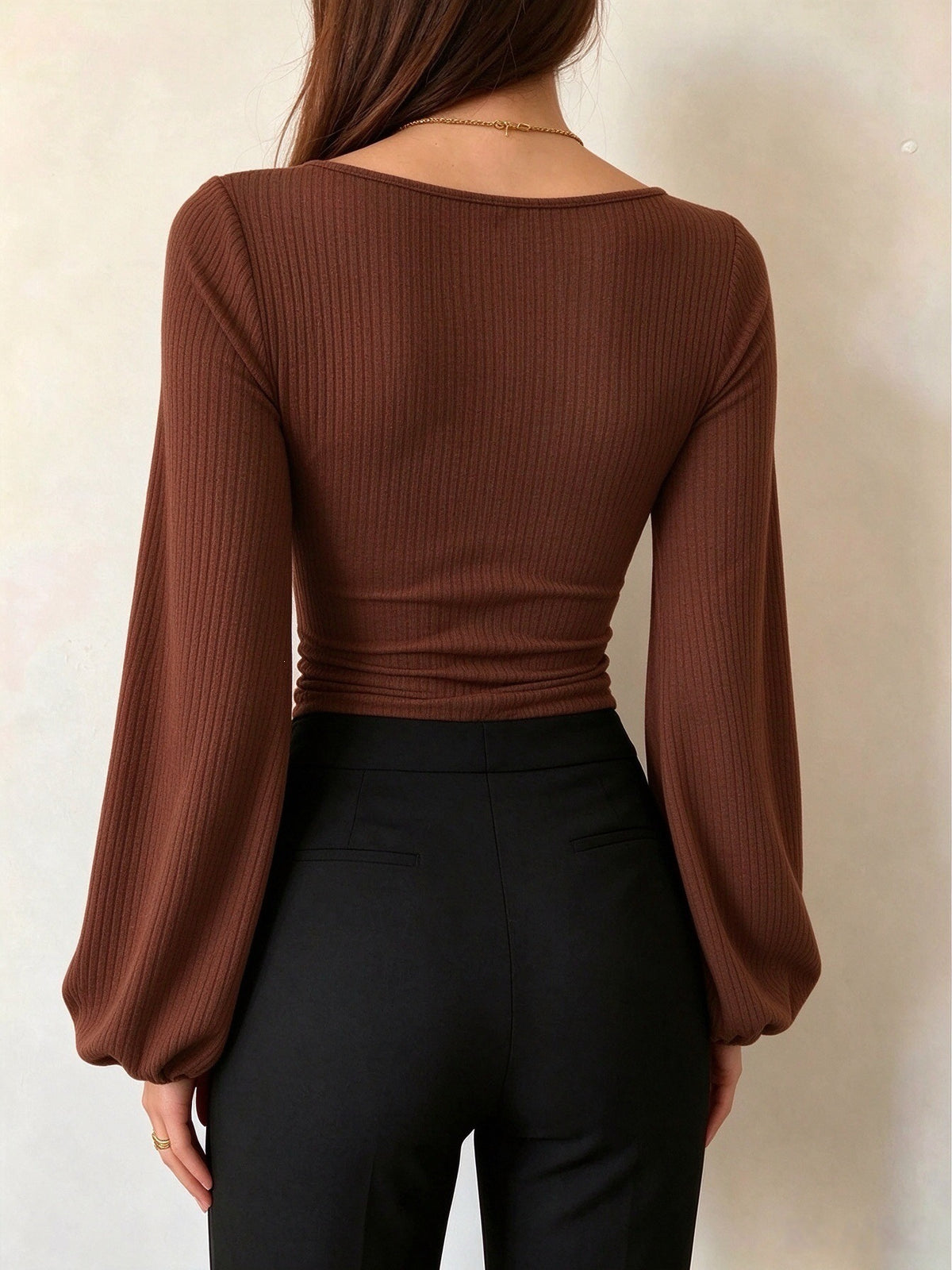 Brown ribbed knit square-neck long-sleeve top with lantern sleeves and slim fit