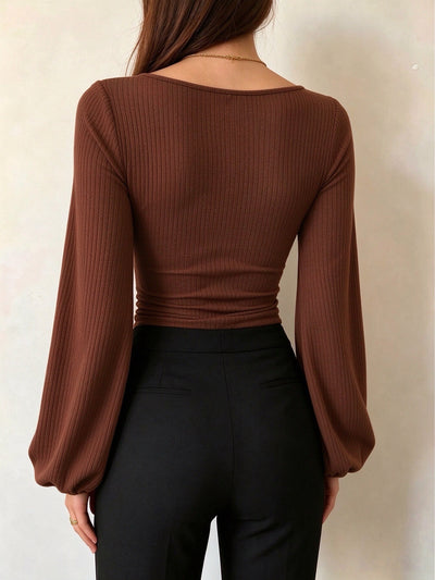 Brown ribbed knit square-neck long-sleeve top with lantern sleeves and slim fit